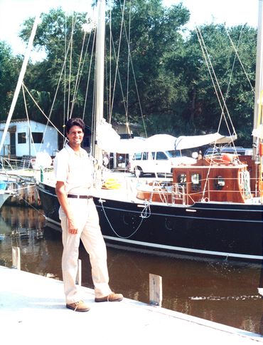 Builder Mark Treworgy in front of vessel Atlantis  built by Treworgy Custom Boats