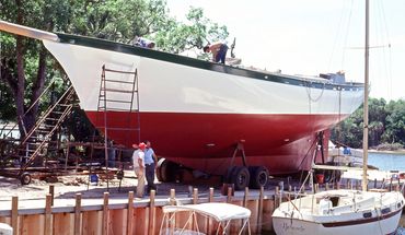 Sailboat hull on the hard at Treworgy Custom Boats