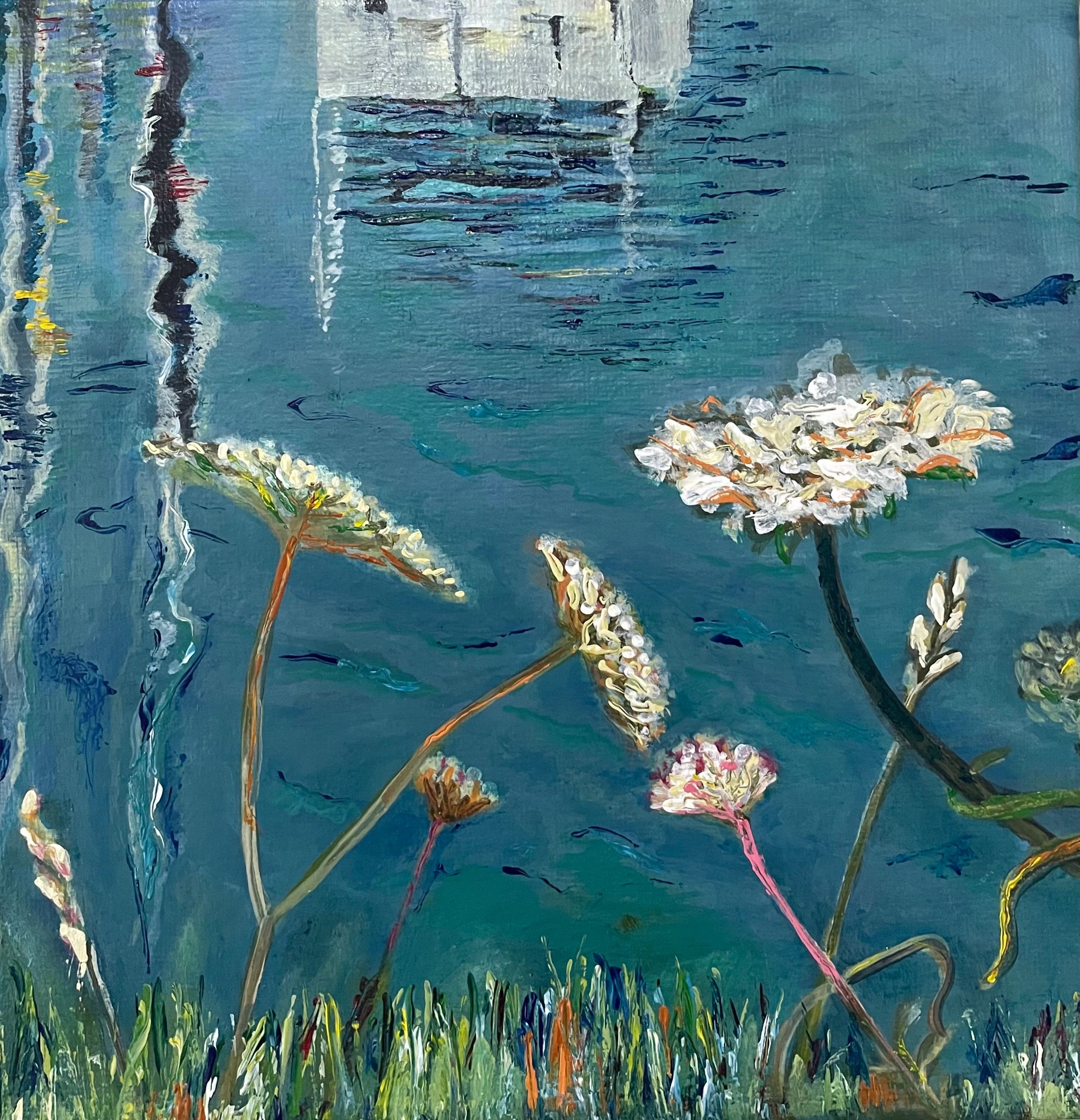 Painting of boat in water with yarrow in foreground. Shades of Jade blues greens and white.
