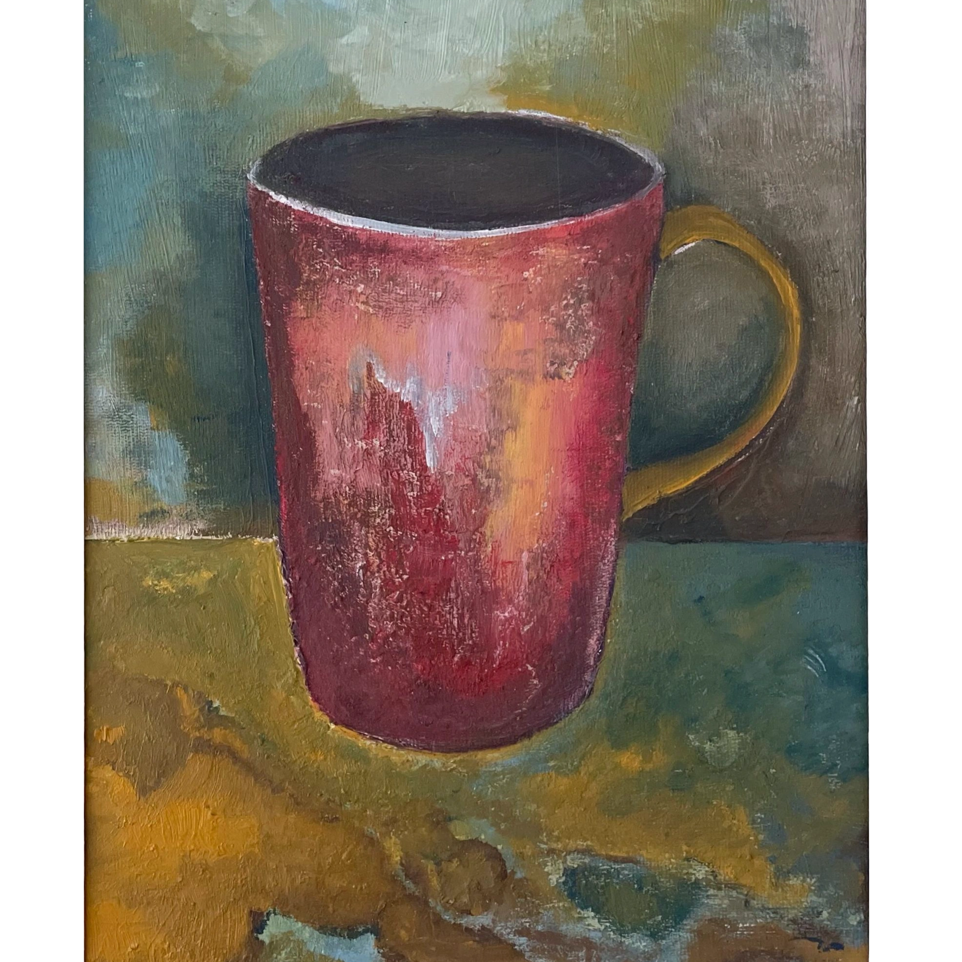 Original unframed oil painting of cup. Colours red mustard and jade blotches. 