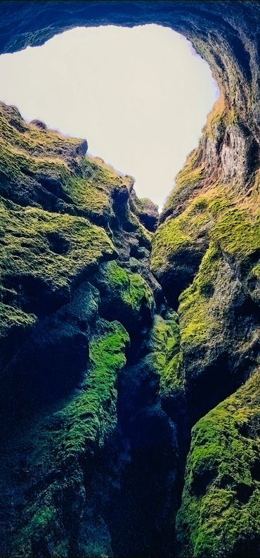 View from inside a moss covered cavern in Iceland