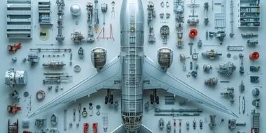 Disassembled airplane parts arranged neatly around a jet frame.