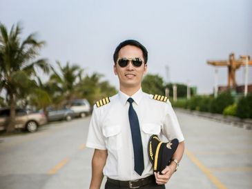 Pilot walking outdoors with his luggage and uniform cap, wearing sunglasses.