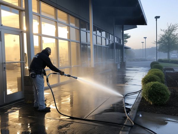 A person power washing a wet sidewalk outside a building during early morning.