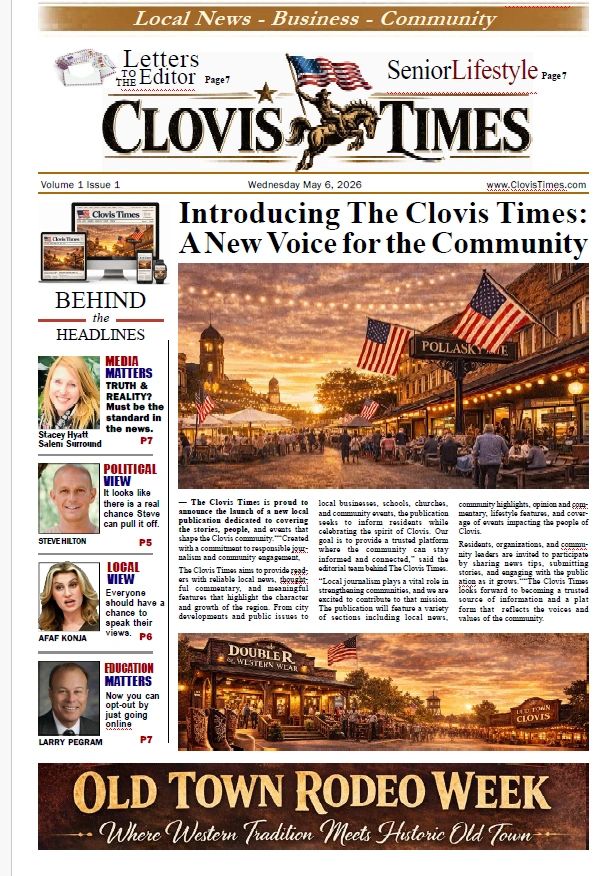 Front page of Clovis Times newspaper introducing the new community-focused publication with vibrant Old Town Clovis images.