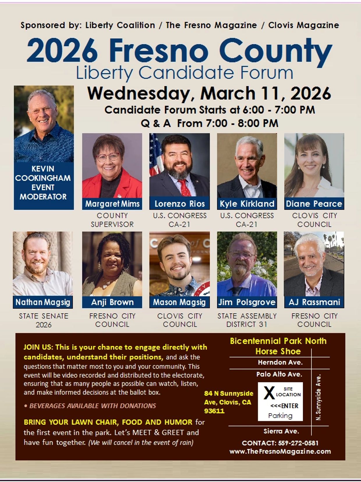 Flyer for 2026 Fresno County Liberty Candidate Forum with candidate photos and event details.