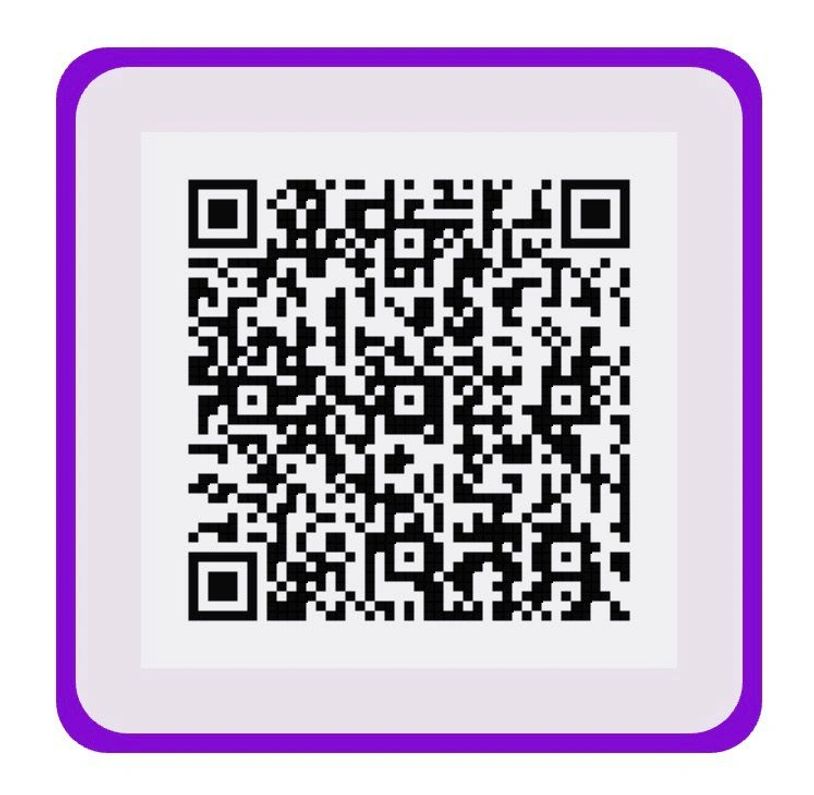 A black and white QR code with a purple rounded border on a light background.