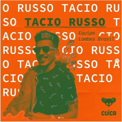 Graphic design featuring a person with sunglasses and orange background text.