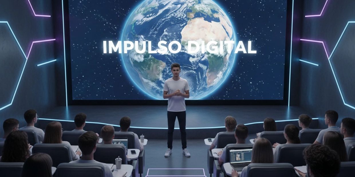 Speaker presenting in a futuristic digital classroom with Earth projection and "IMPULSO DIGITAL" text.
