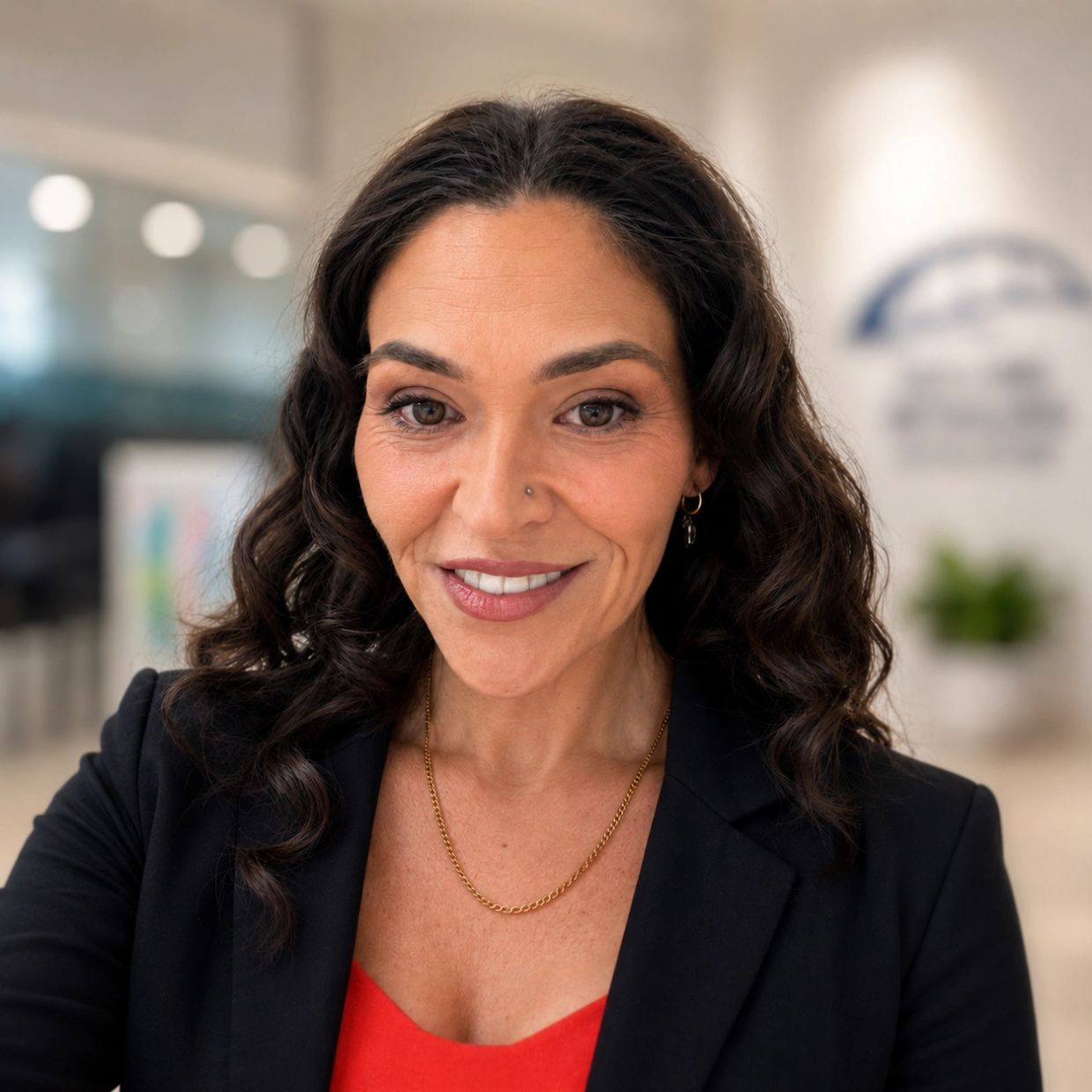 Confident woman smiling, dressed in business attire.