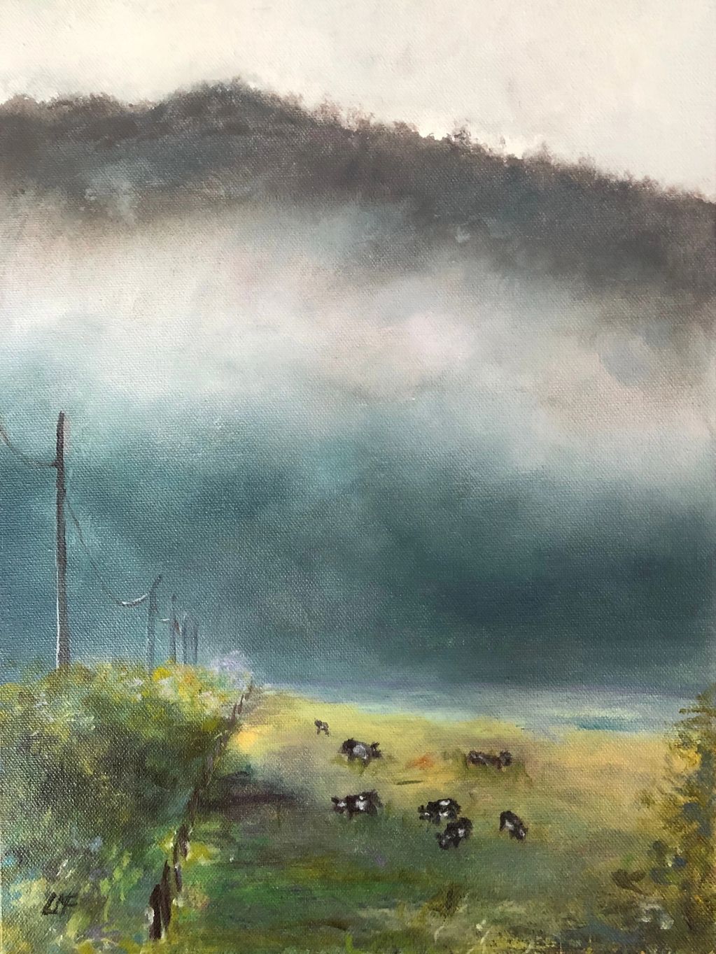 Almost Heaven
16" x 12" x 1.5" 
acrylic on gallery wrapped canvas
A foggy morning with cows in a pas