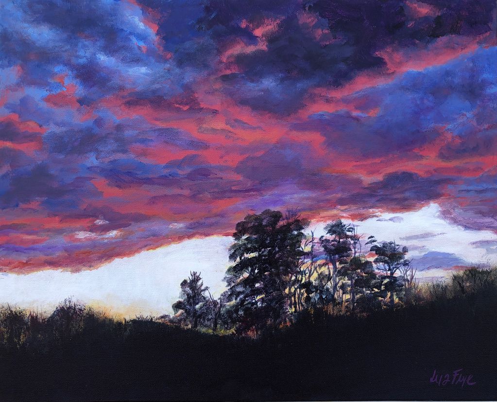 Winter Dusk
20" x 16" x 1.5"
Acrylic on canvas
Traditional landscape of NC late afternoon sunset in 