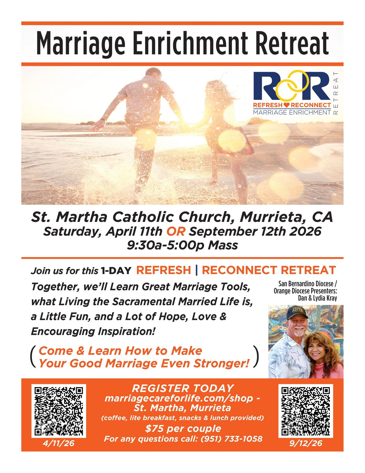 Couple enjoying a beach while promoting a Marriage Enrichment Retreat at St. Martha Catholic Church.
