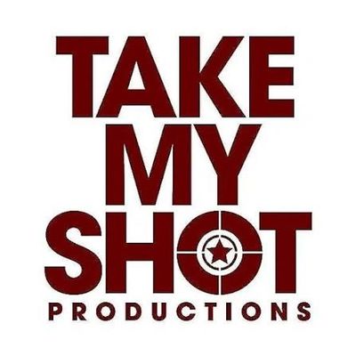 Logo for Take My Shot Productions with bold text and target symbol.