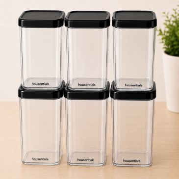 Set of six transparent storage containers with black lids.