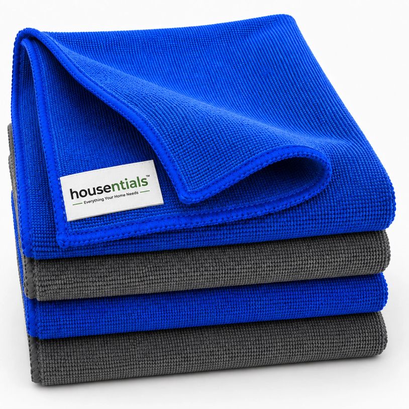 Stack of blue and gray microfiber towels.