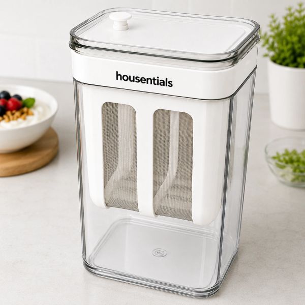 Transparent kitchen storage container labeled 'housentials'.