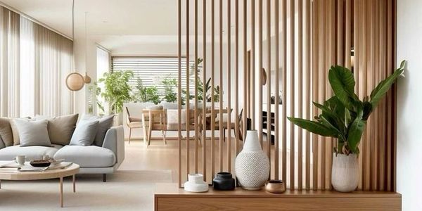 Modern living room with wood panel divider and neutral tones.