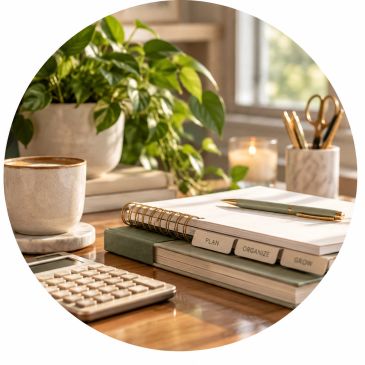 Organized workspace with planner and plant.
