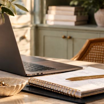Laptop and notebook on a wooden desk.
