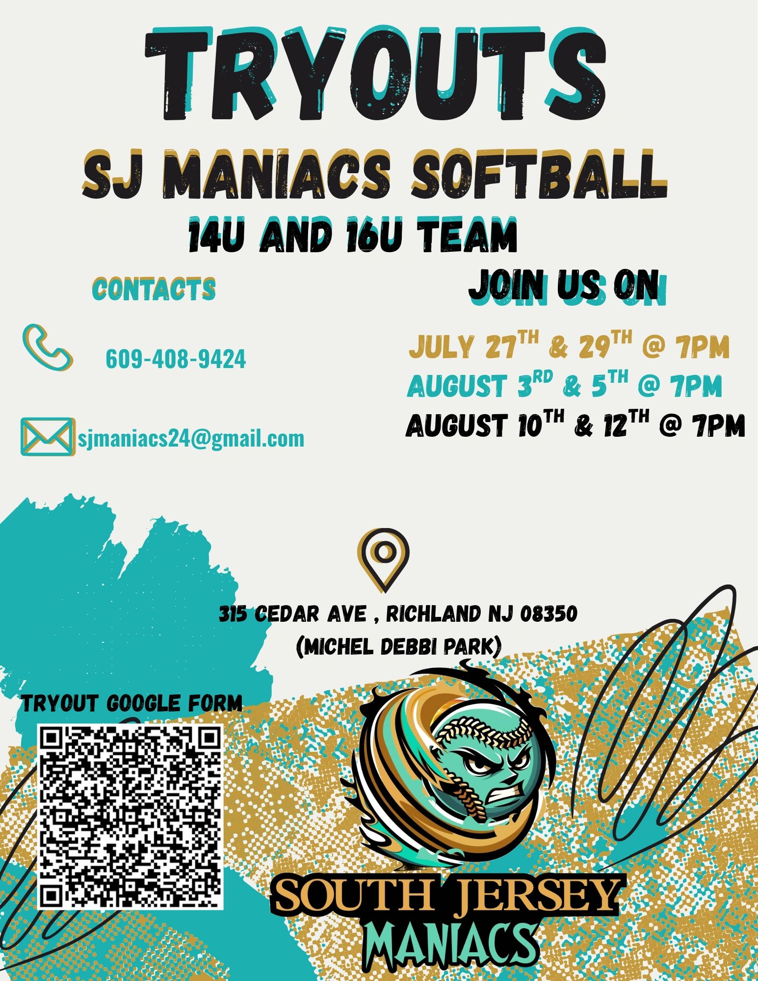 SJ Maniacs Softball tryouts for 14U and 16U teams in South Jersey.