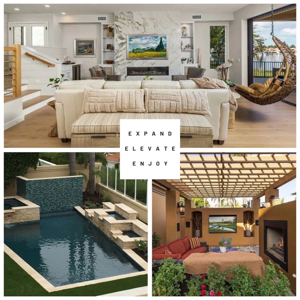 Custom luxury pool, open concept living room, and stylish outdoor living room in South Orange County
