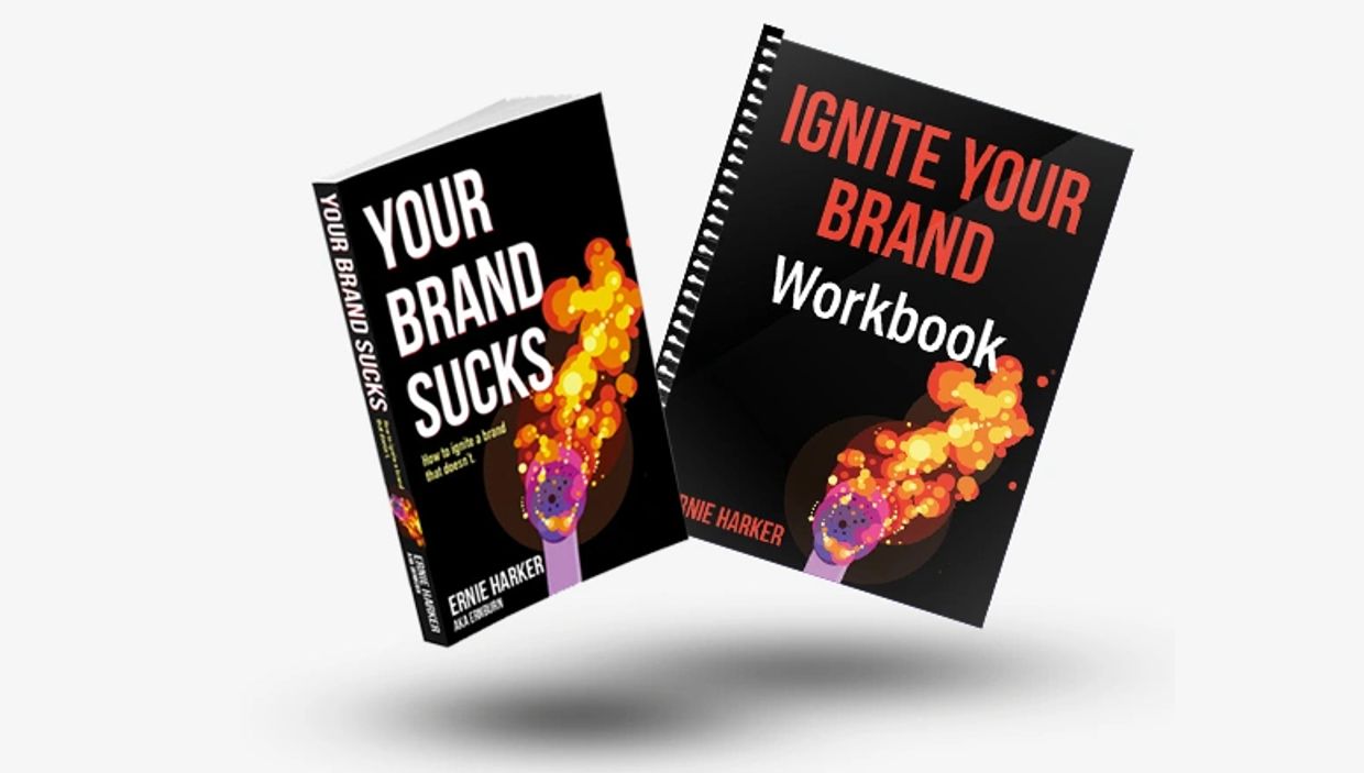 Two books on branding by Ernie Harker with a fiery design.
