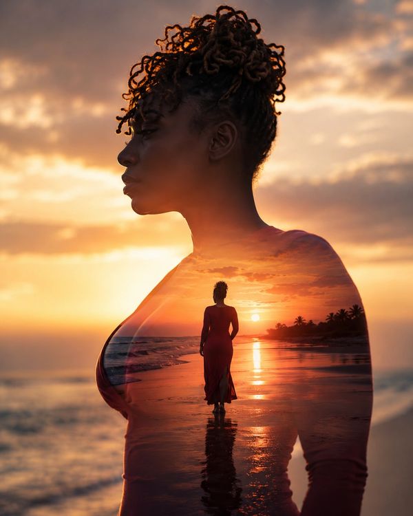 Double exposure of a woman and a sunset beach scene.
