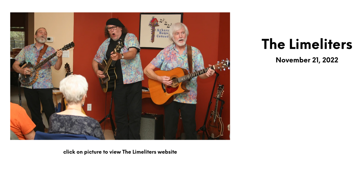The Limeliters (Daniel Boling, Andy Corwin, and Steve Brooks) perform at Arhaven House Concerts