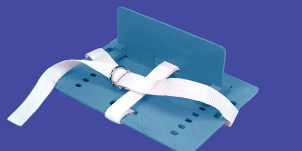Blue orthopedic footboard with white securing straps for patient support.