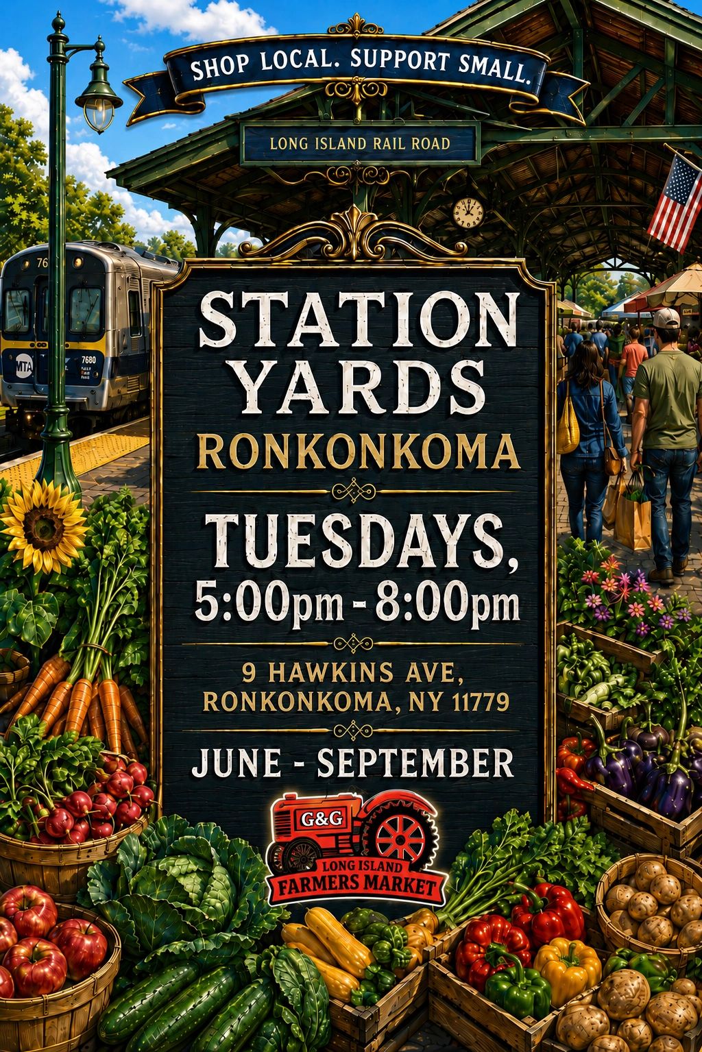 Farmers market at Ronkonkoma Station Yards every Tuesday from June to September.