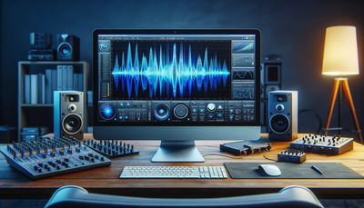 Modern audio editing setup with speakers, mixer, and waveform display on a large monitor.