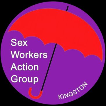 Logo of Sex Workers Action Group with red umbrella on purple background.