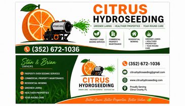 Business card for Citrus Hydroseeding with contact details and services offered.