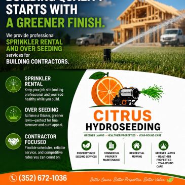 Advertisement for Citrus HydroSeeding offering sprinkler rental and overseeding services.