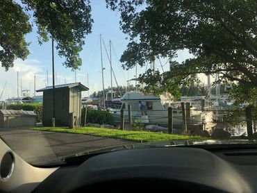 View of boats docked at a marina from inside a car.