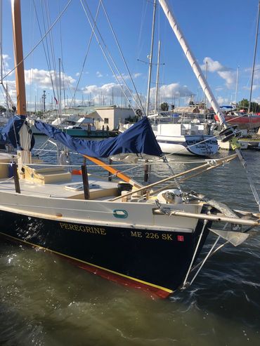 Sailboat named Peregrine docked in a marina on a sunny day.