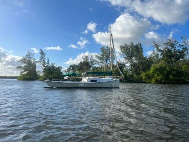 A sailboat anchored near a tree-lined shore on a sunny day.