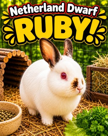 A white Netherland Dwarf rabbit named Ruby with red eyes in a cozy enclosure.