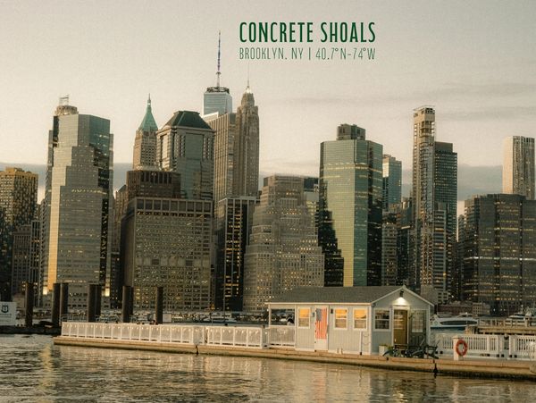 Brooklyn waterfront with a dock and city skyline at sunset.