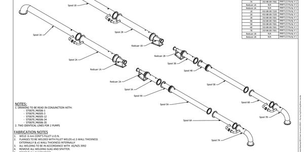 Isometric fabrication drawing of Kemps Creek sewerage network pipe spools and reducers.