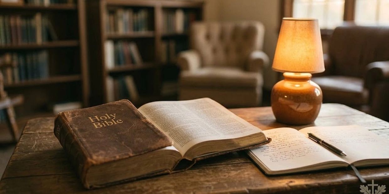 Old Holy Bible and notebook on wooden table with lamp.