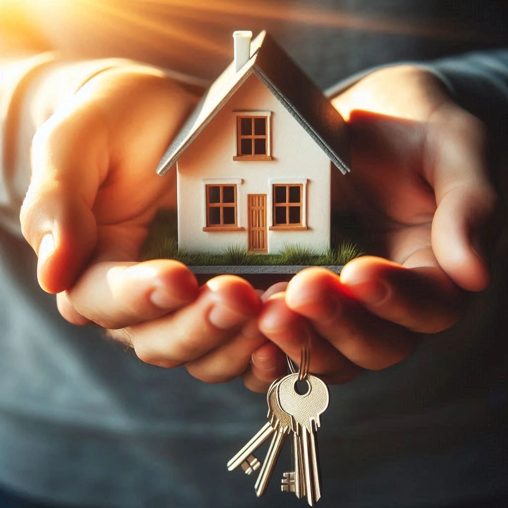 Hands holding a small model house and a set of keys.