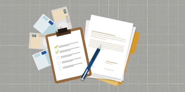 Clipboard with checklist, documents, pen, and scattered currency notes on a gray background.