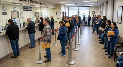 People waiting in line at a county treasurer's office.