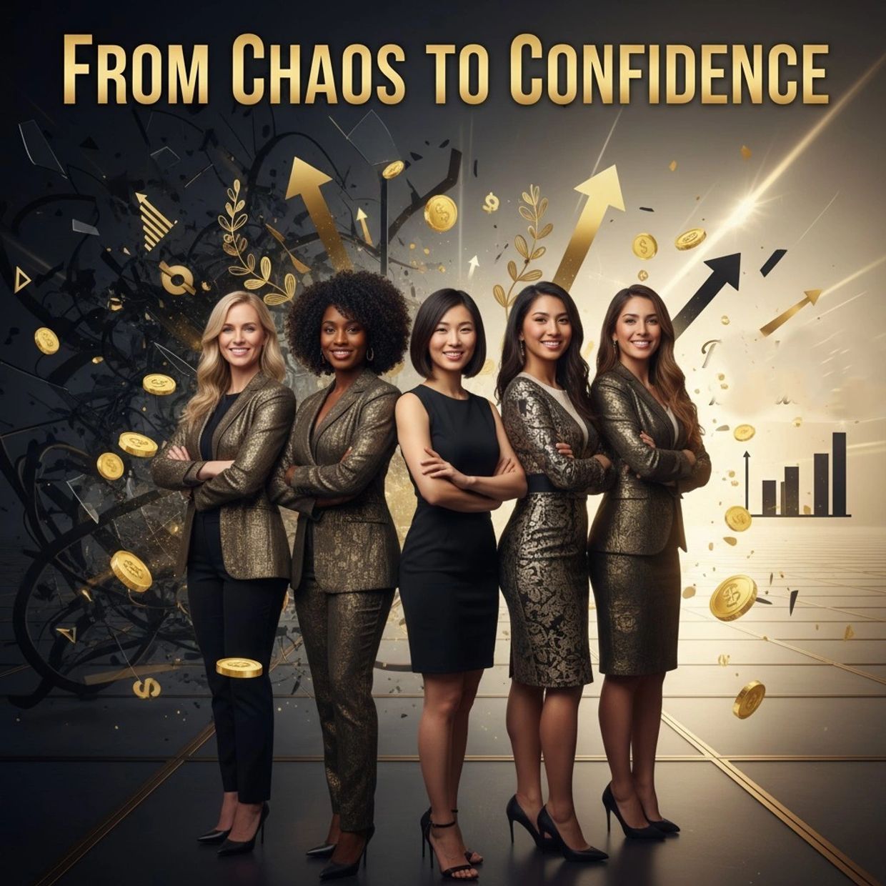 Confident businesswomen standing united under the slogan 'From Chaos to Confidence'.