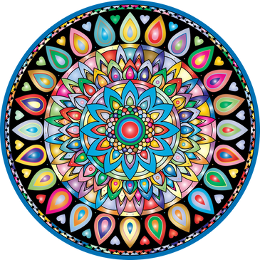 Colorful circular mandala with intricate patterns and heart shapes.
