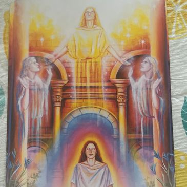 A serene figure meditates surrounded by glowing, ethereal beings representing a family of light.