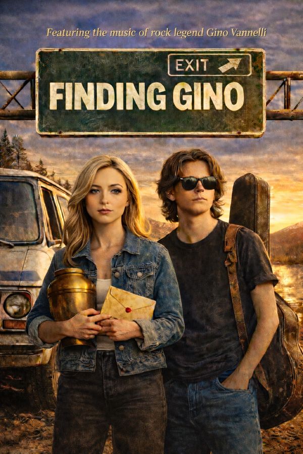Two young people stand under a road sign reading 'Finding Gino' at sunset.