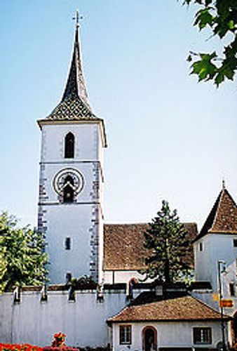 St. Arbogast Church, an historic Basel Switzerland, fortified church. Origin of journalist surname, 
